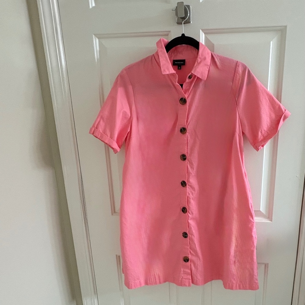Pink Button-Front Shirt Dress – Size S – Short Sleeve Cotton Blend